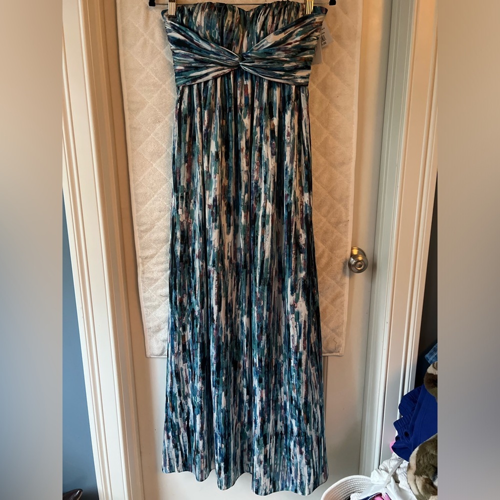 Jessica Simpson Teal Blue Black White Strapless Maxi Prom Dress